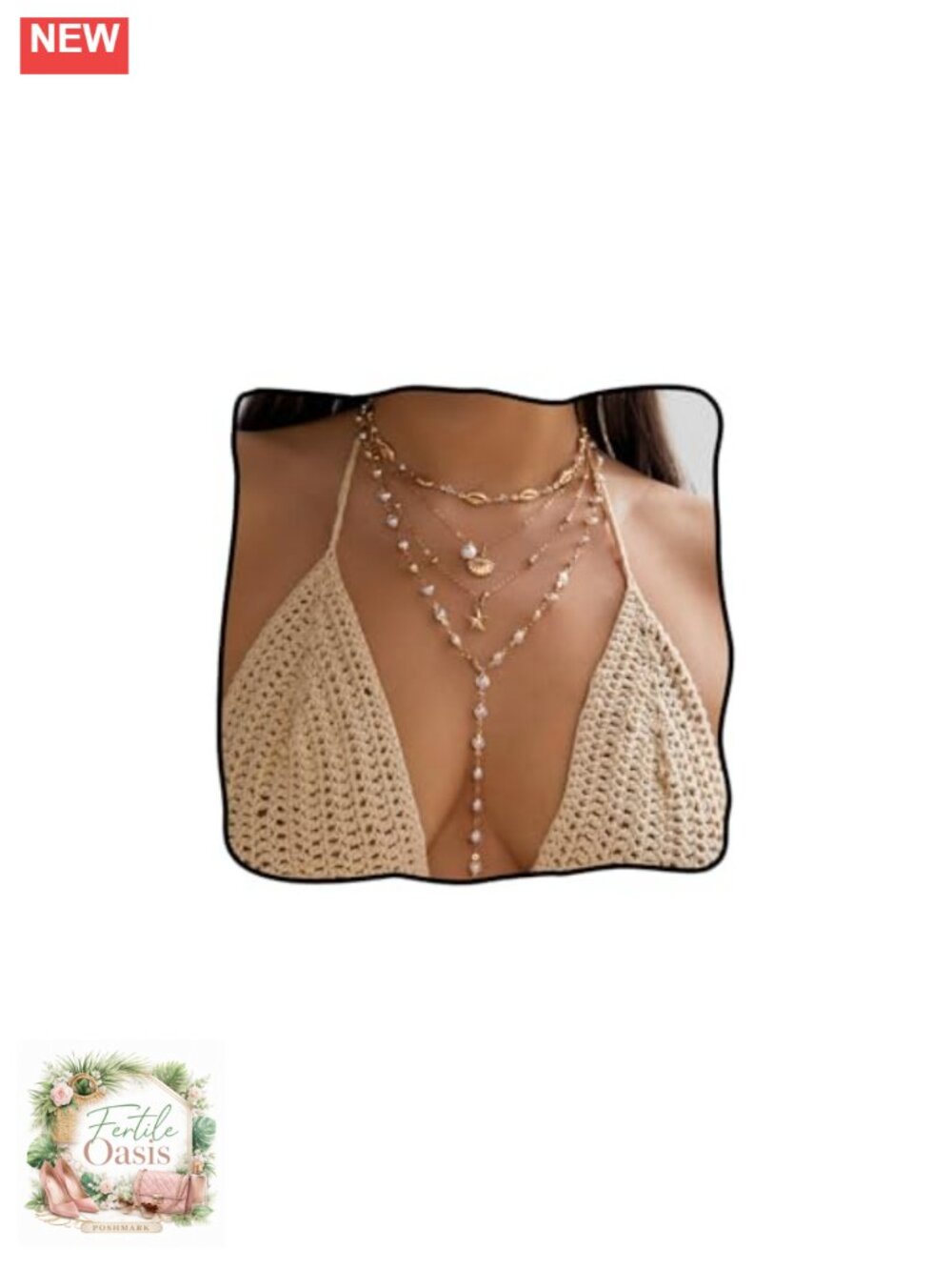 Layered Gold Necklace Faux Pearls Shell Starfish Y-Drop Bohemian